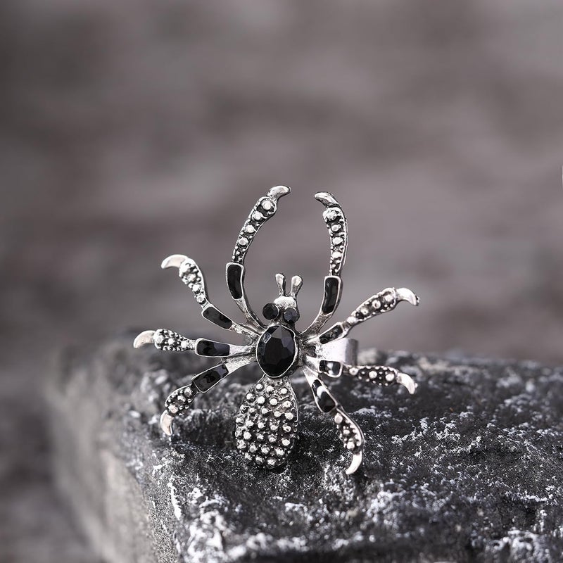 ANGLEQUEEN Punk Halloween Spider Rings for Women Knuckle Black Spider Web Bat Ring Gothic Vintage Dark Crystal Ring Red Rhinestone Statement Rings Halloween Witch Jewelry - Image 3